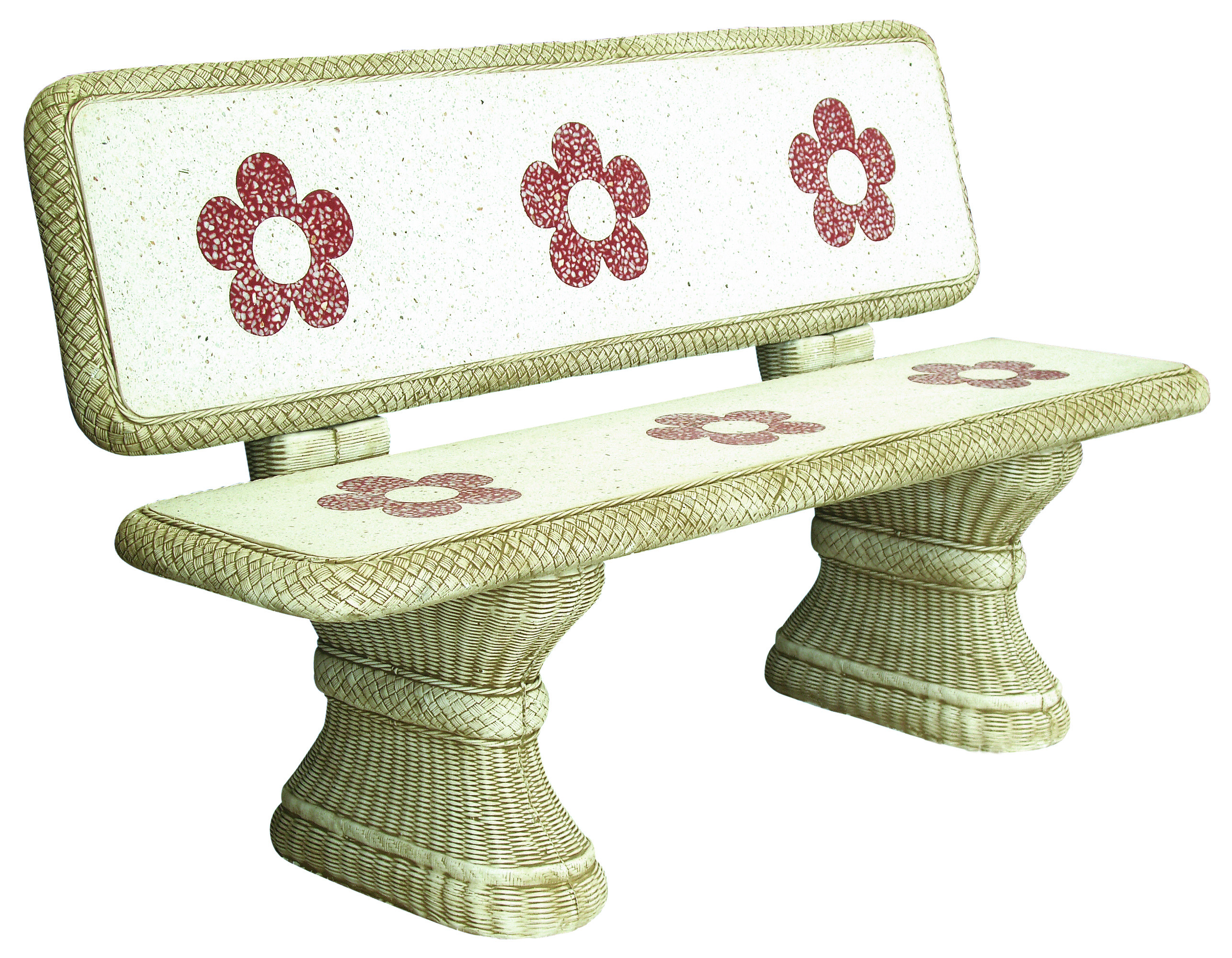 BANCO DE PIEDRA CON RESPALDO DE MIMBRE PULIDO CON FLORES JARDIN